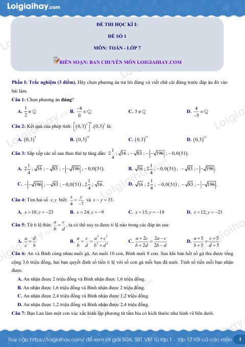 Đề thi học kì 1 Toán 7 - Đề số 1 - Cánh diều